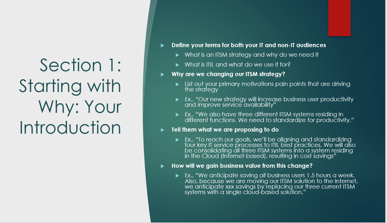A sample PowerPoint showing how to structure an introduction for an ITSM business case