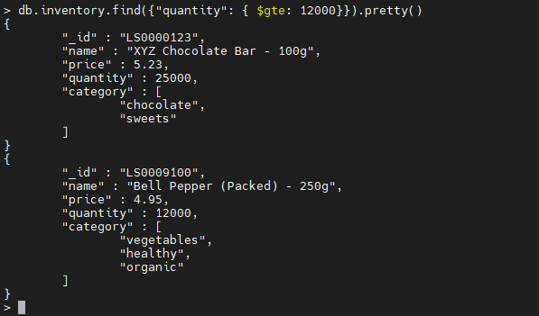 MongoDB $gte operator example.