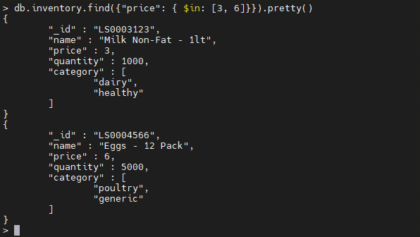 MongoDB $in operator example.