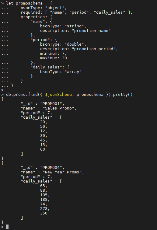 MongoDB $jsonschema operator example.