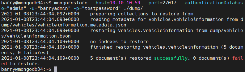 mongostore restore command for remote MongoDB instance