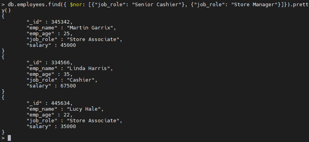 MongoDB $nor operator example.