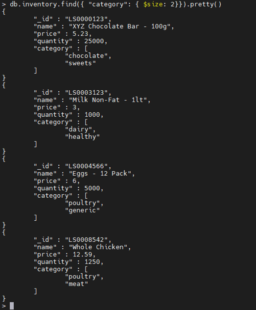 MongoDB $size operator example.