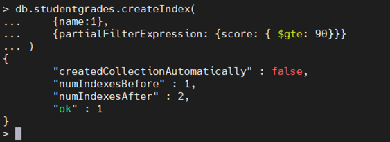Example of partial index property in MongoDB.